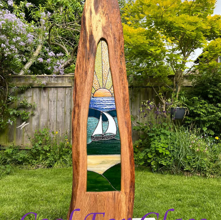 'Sailing' stained glass panel in a sustainably sourced solid brown oak frame