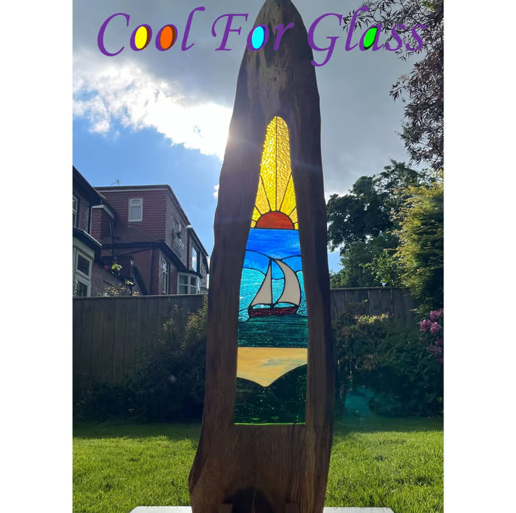 'Sailing' stained glass panel in a sustainably sourced solid brown oak frame