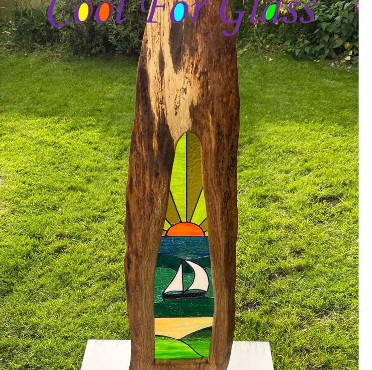 'Sailing' stained glass panel in a sustainably sourced solid brown oak frame