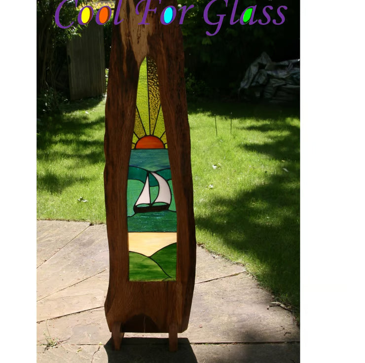'Sailing' stained glass panel in a sustainably sourced solid brown oak frame