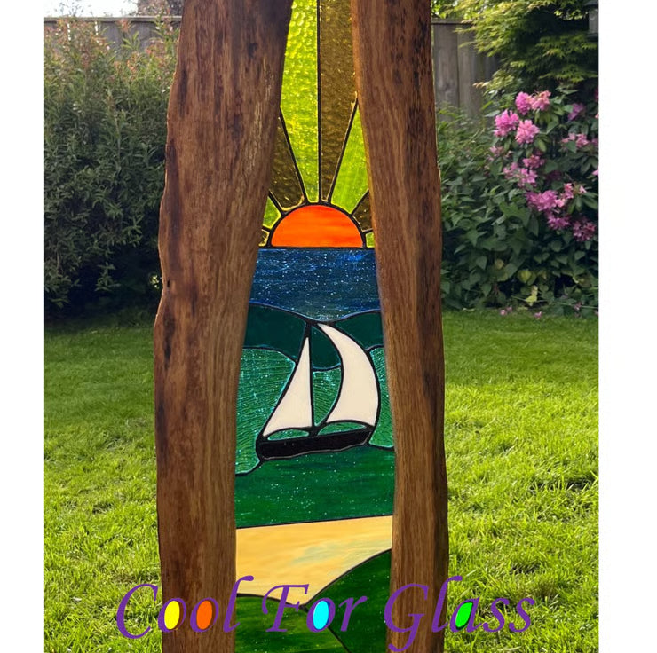 'Sailing' stained glass panel in a sustainably sourced solid brown oak frame