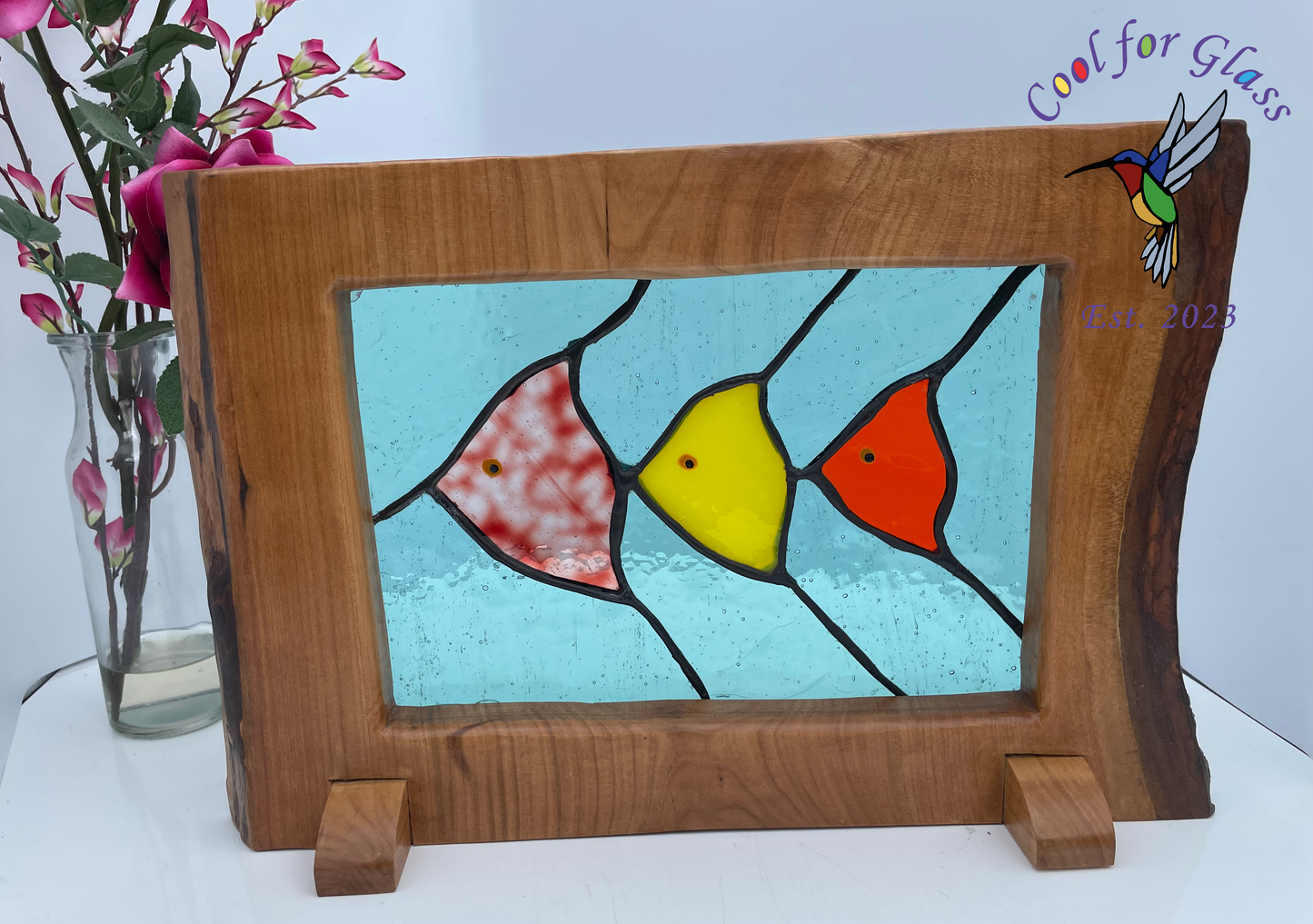 Tropical Trio Stained glass panel in a sustainably sourced wood frame