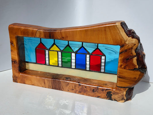 Stained glass Beach huts in solid yew wood frame.