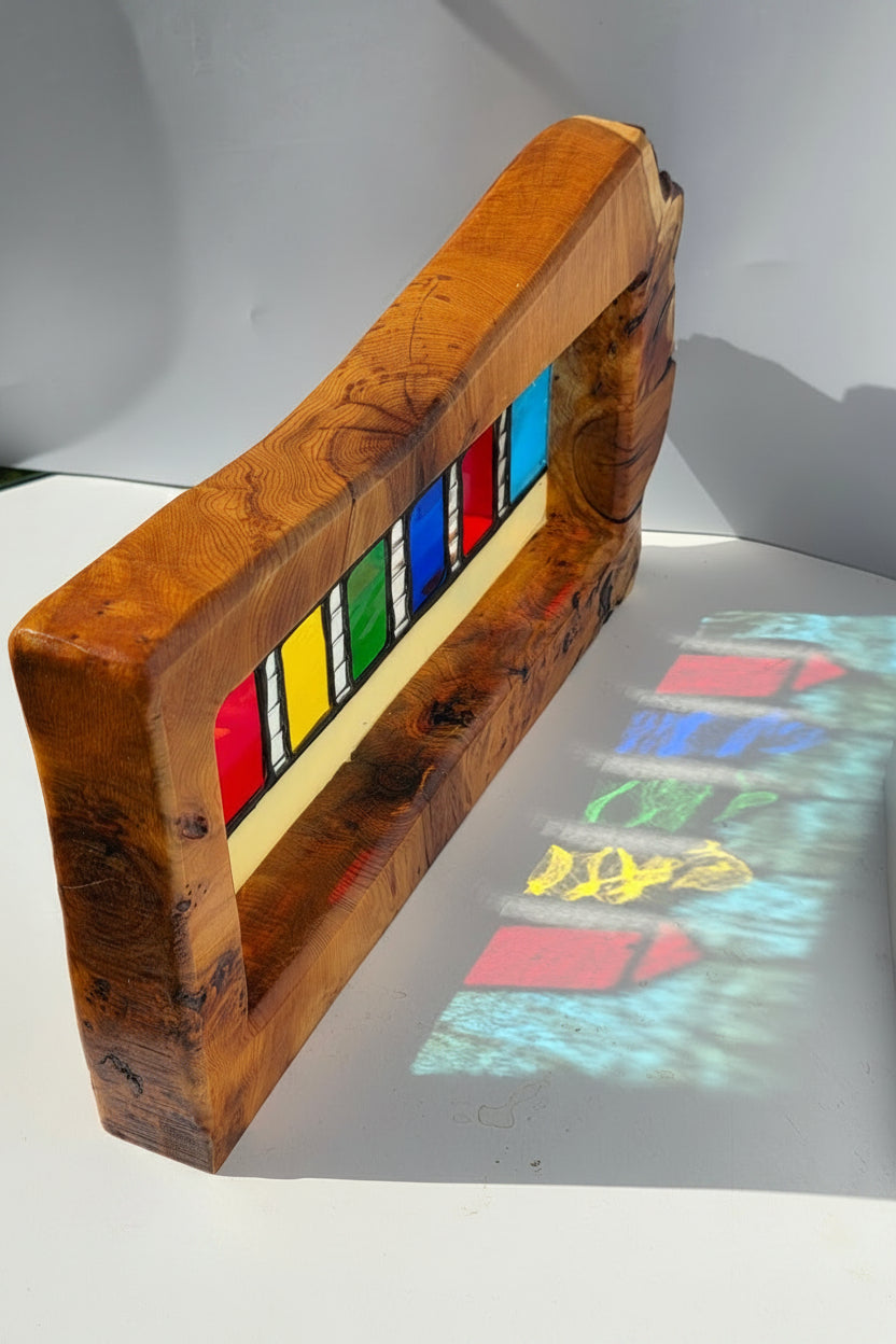 Stained glass Beach huts in solid yew wood frame.