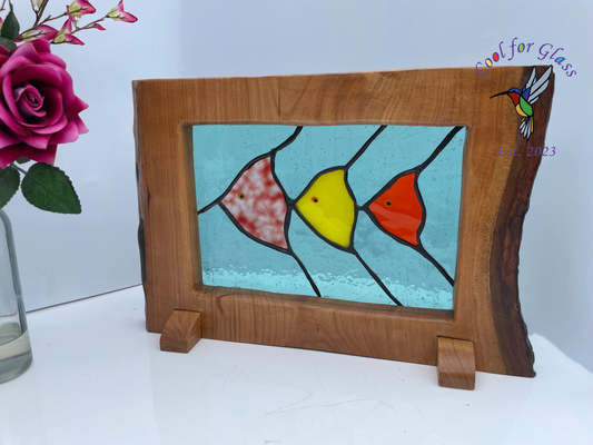 Tropical Trio Stained glass panel in a sustainably sourced wood frame