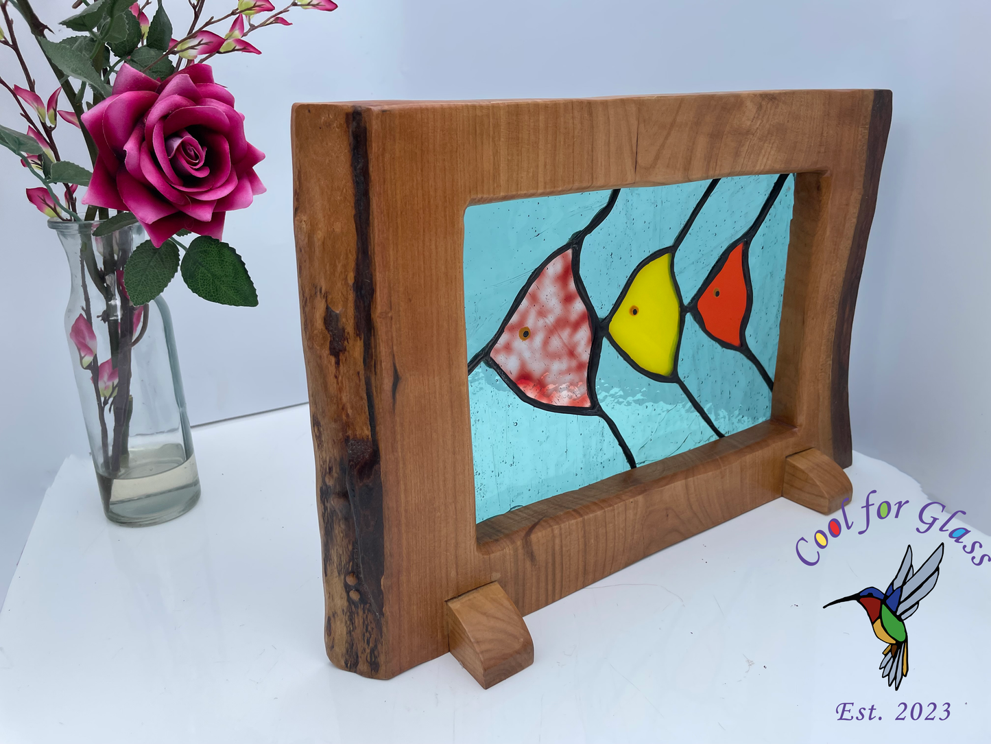 Tropical Trio Stained glass panel in a sustainably sourced wood frame
